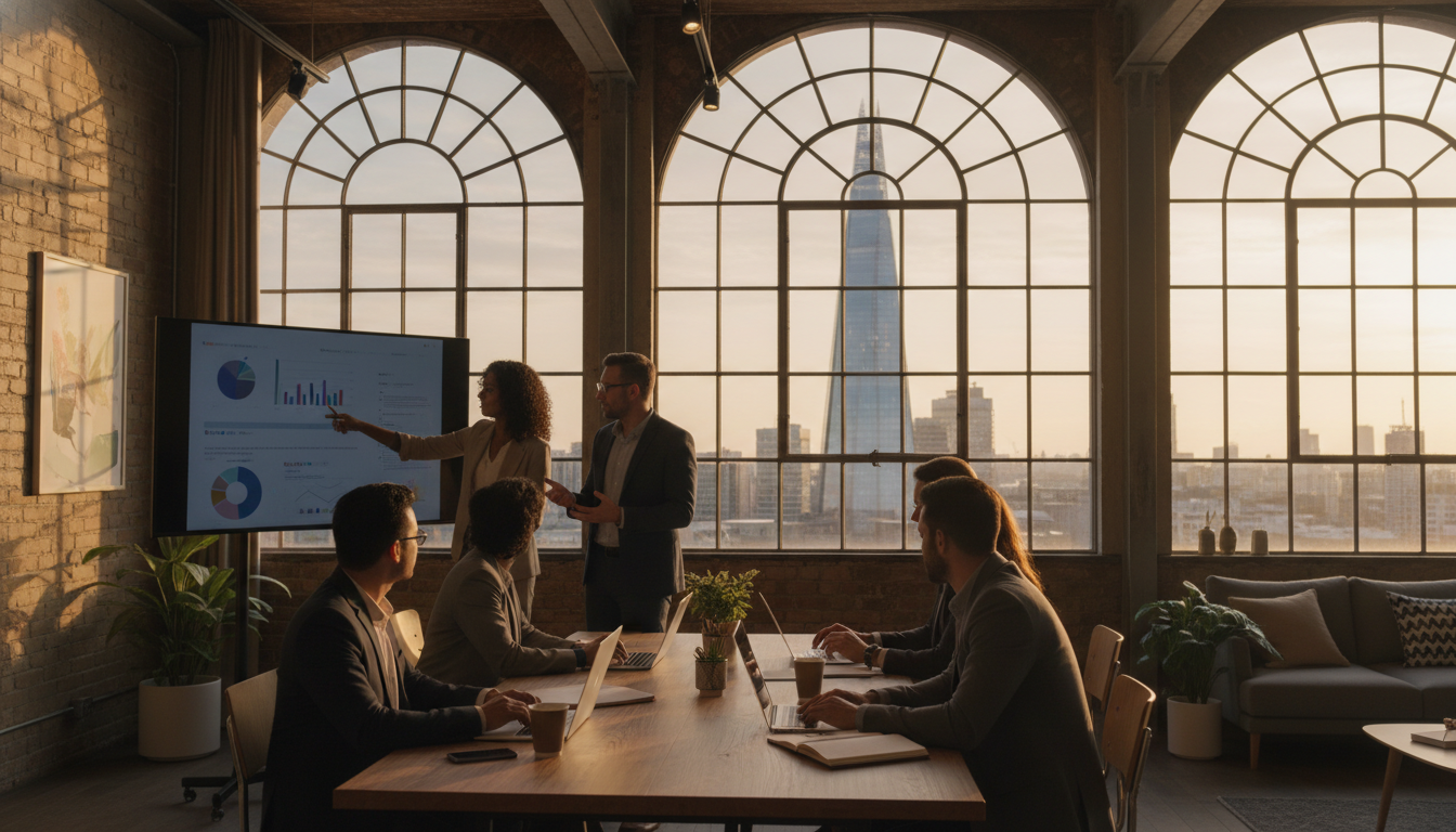 A diverse group of professional expats collaborating in a modern London co-working space with a view of the Shard in the background, high quality, cinematic lighting.