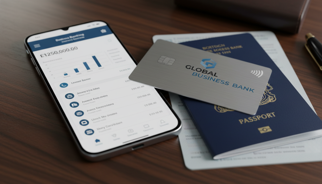 A high-tech smartphone displaying a sleek business banking app interface next to a British passport and a credit card on a wooden desk.