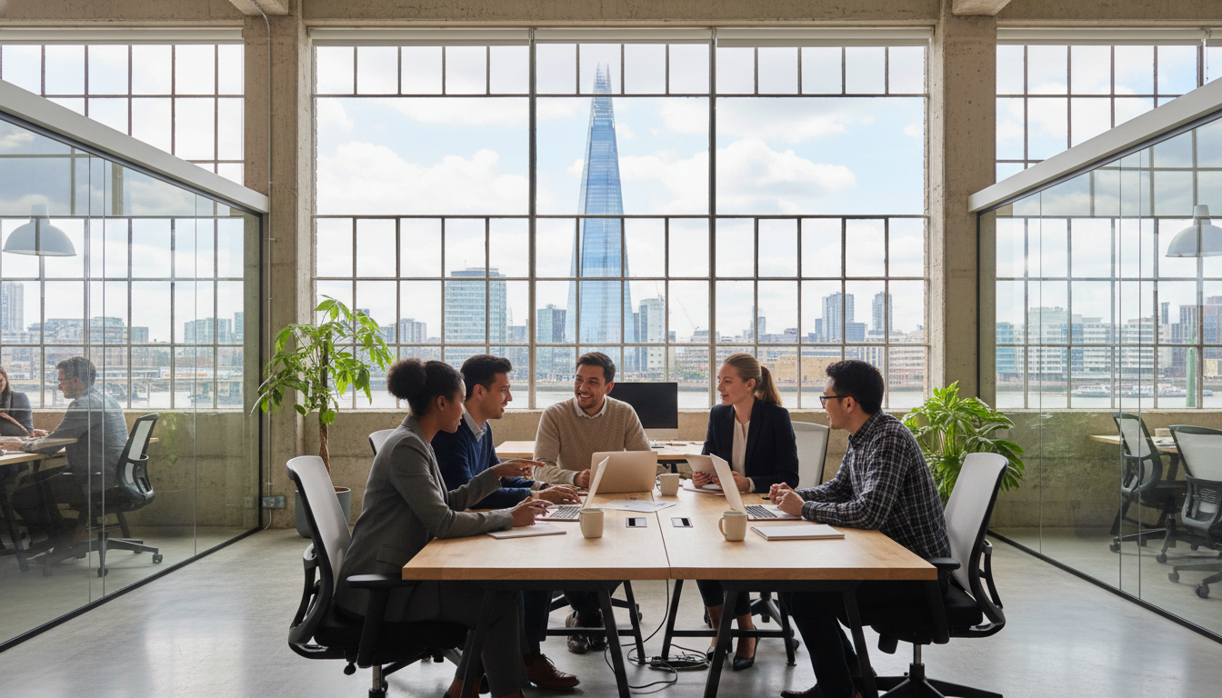 A diverse group of professional entrepreneurs in a bright, modern London co-working space, with the Shard visible through the window in the background.