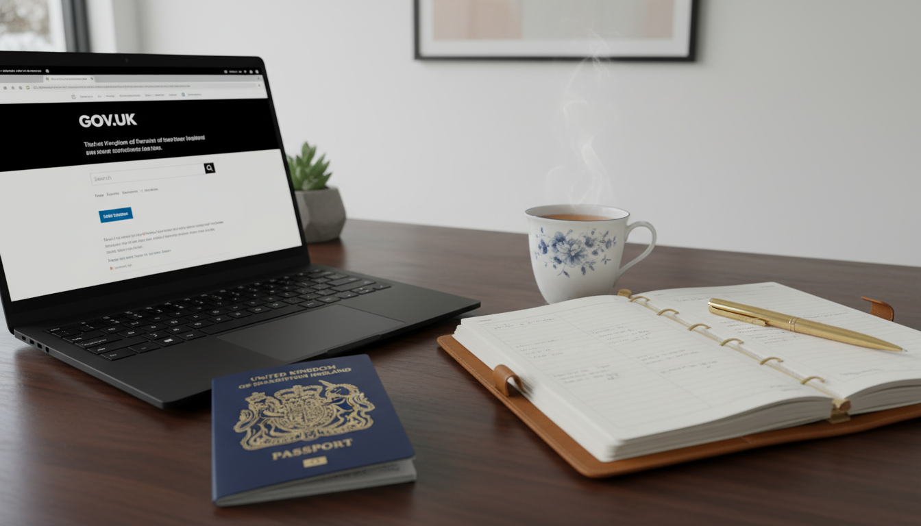 A professional desk setup featuring a UK passport, a sleek laptop displaying the GOV.UK website, a leather-bound planner, and a classic ceramic mug of tea.