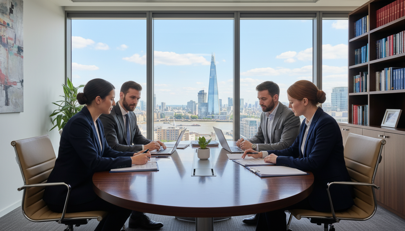 A professional legal office setting in London with a view of the city skyline through the window, featuring a diverse group of lawyers and an expat couple discussing documents over a modern conference table.