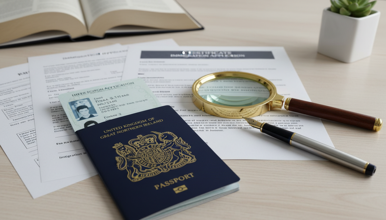 A close-up of a British passport and various legal documents spread out on a clean wooden desk with a magnifying glass and a stylish pen, symbolizing the attention to detail in immigration law.