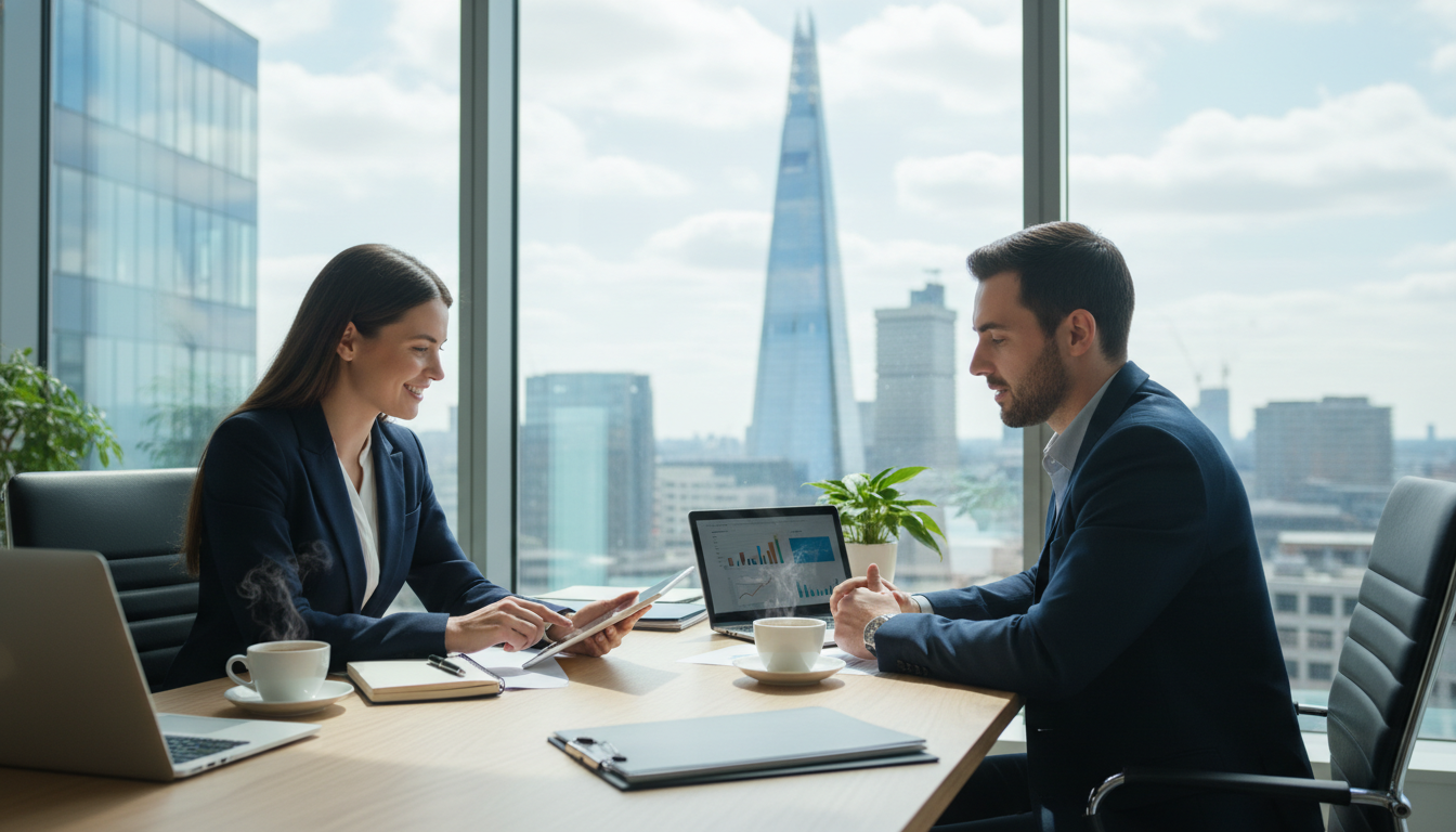 A professional accountant sitting across a modern desk from an international client in a bright London office, with a subtle view of the Shard in the background, symbolizing professional guidance.