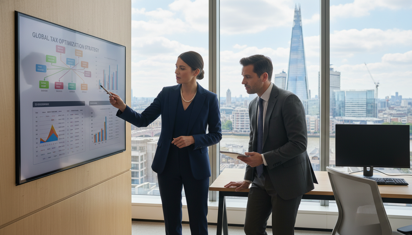A high-resolution photo of a professional financial advisor in a modern London office, pointing at a digital screen showing complex tax diagrams to an international client, with a view of the Shard in the background.