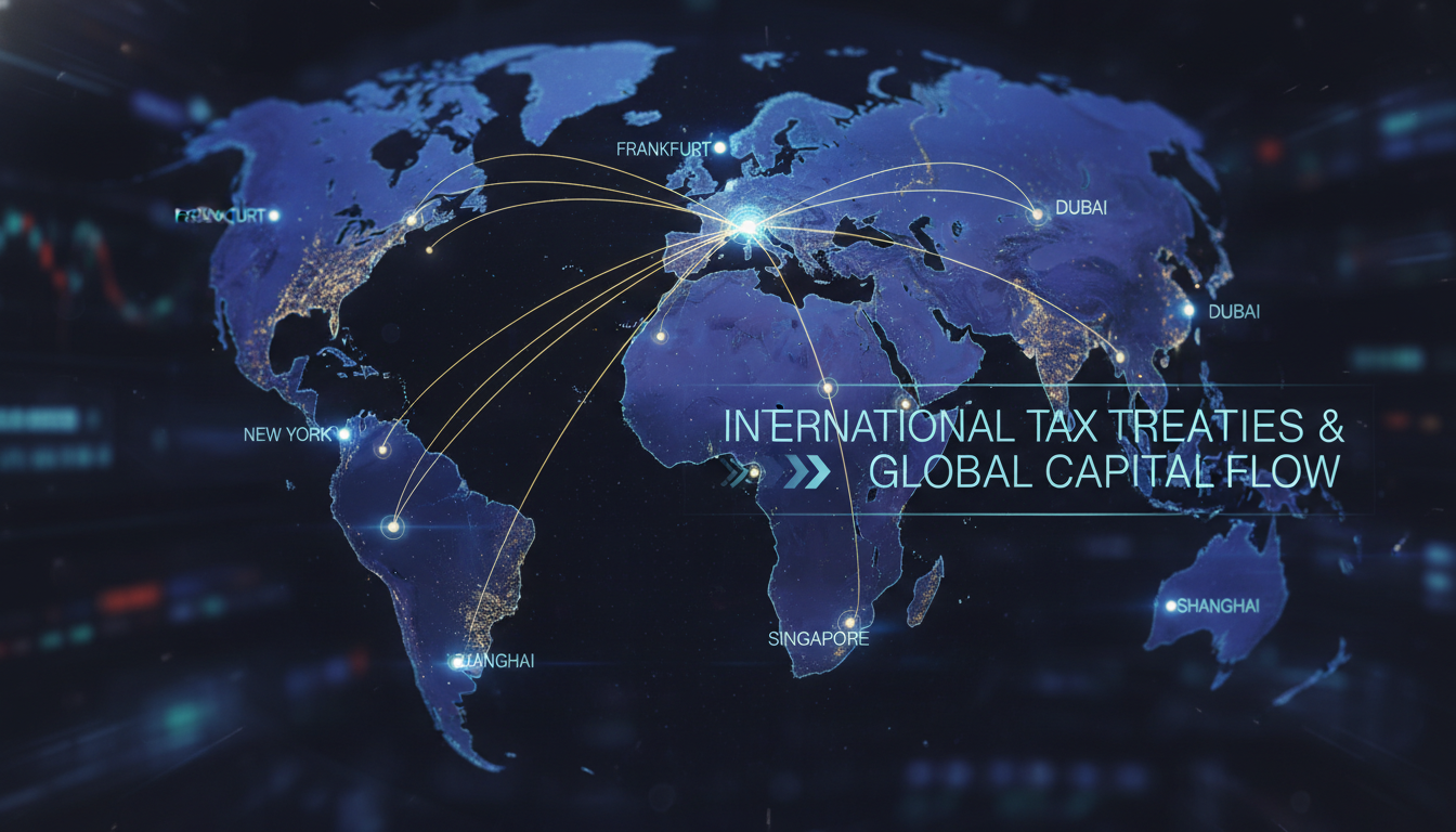 A conceptual digital illustration of a world map with glowing lines connecting London to various global financial hubs like New York, Singapore, and Dubai, symbolizing international tax treaties and flow of capital.