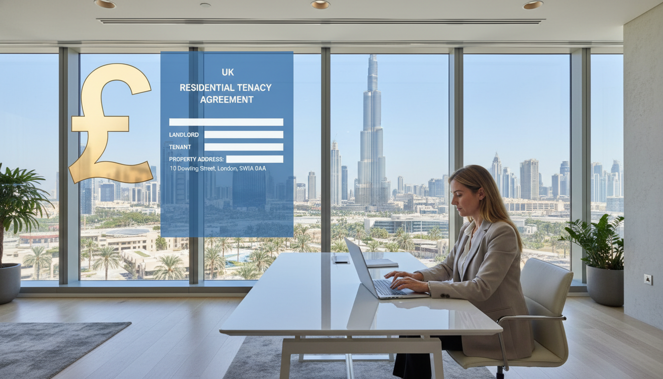 A professional person working on a laptop in a modern Dubai office with a view of the Burj Khalifa, with a digital overlay of a British Pound sign and a UK housing contract.