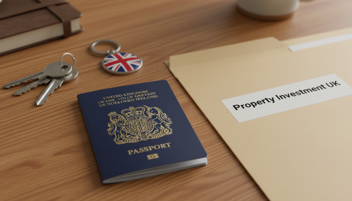 A high-quality close-up of a wooden desk featuring a British passport, a set of house keys with a Union Jack keychain, and a folder labeled 'Property Investment UK'.