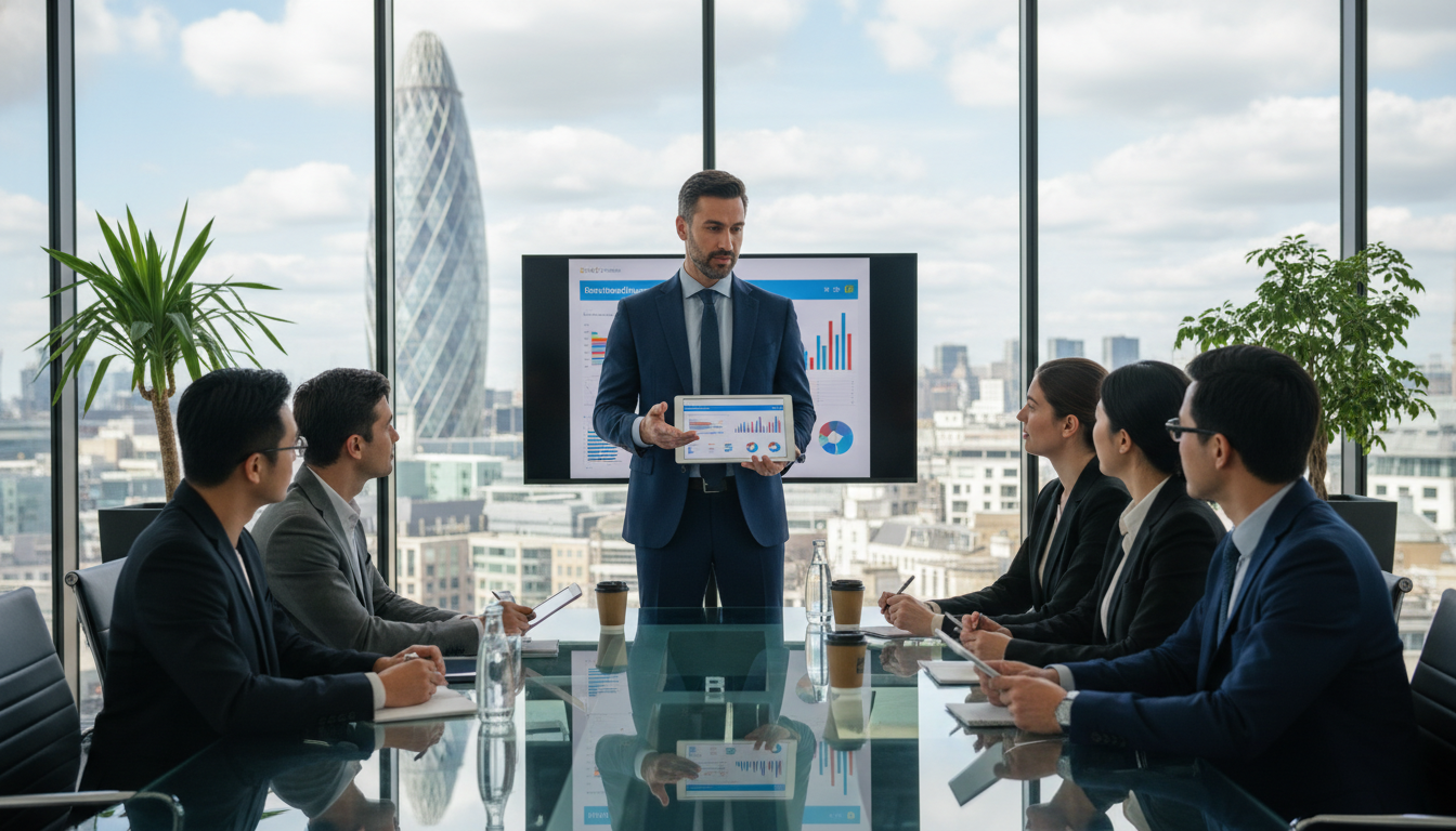 A professional entrepreneur presenting a digital business plan on a tablet to a group of diverse investors in a modern, glass-walled London boardroom with a view of the Gherkin building.