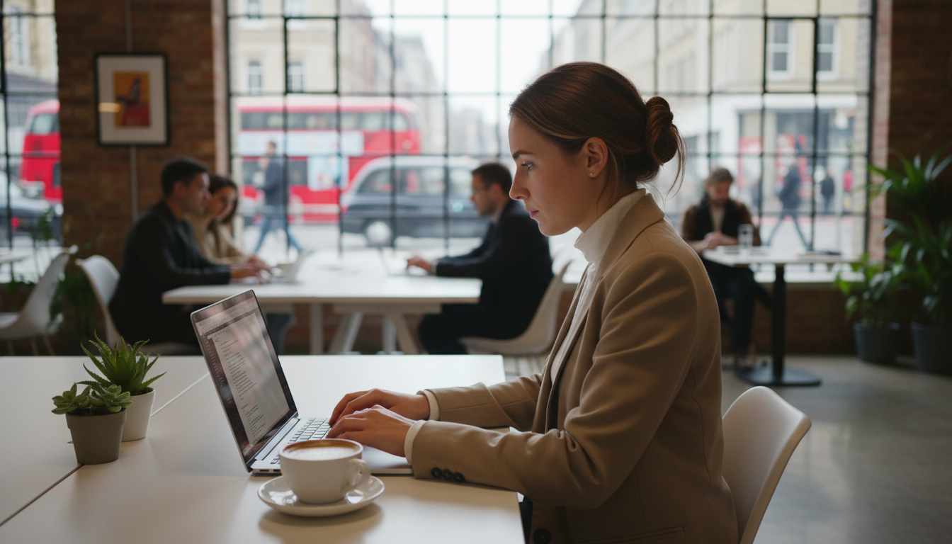 A young, professional expat working on a laptop in a trendy London co-working space, with a flat white coffee on the table and a blurred background of a busy metropolitan street.