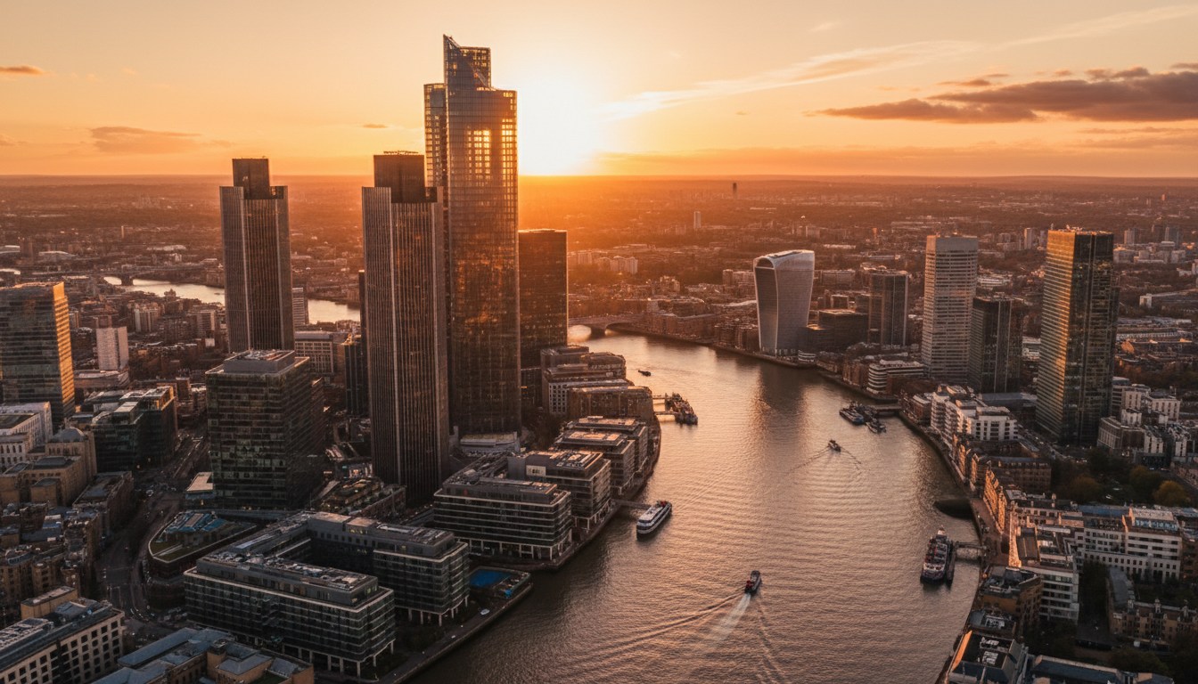 A wide-angle aerial shot of Canary Wharf in London during sunset, showing modern glass skyscrapers reflecting the golden light with the River Thames in the foreground.